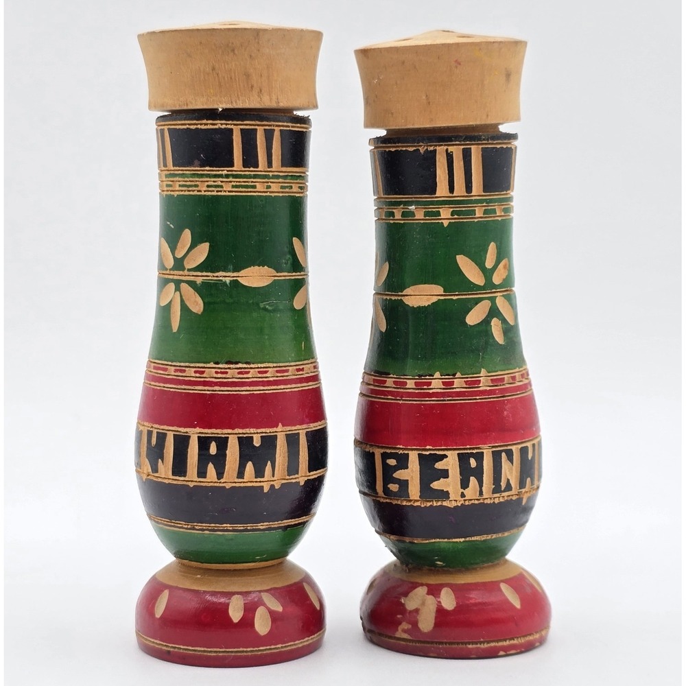 Unique vintage multi color stained wood carved Miami Beach salt & pepper shakers